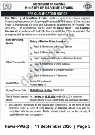 Newspaper clipping: Ministry of Maritime Affairs — Pre-Qualification Notice for Repair & Maintenance Services (FY 2026‑27), Nawa-i-Waqt, 11 Sep 2026