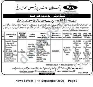 Newspaper clipping: PAA Tender: Concession to Operate Two Foreign Currency Exchange Counters at Jinnah Intl. Airport, Karachi, Nawa-i-Waqt, 11 Sep 2026