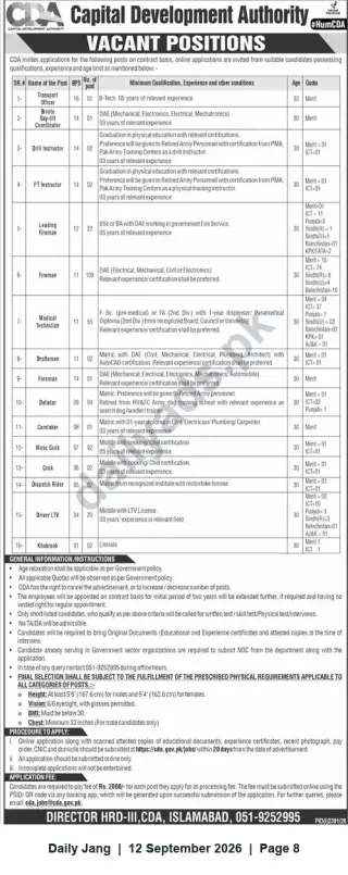 Newspaper clipping: CDA Recruitment: Multiple Contract Vacancies – Technical, Operational & Support Staff (Islamabad), Jang, 12 Sep 2026