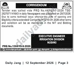 Newspaper clipping: Corrigendum: Tender PRQ No.447 (TSE-2627071141643) — Irrigation Division Nushki — Deadline Extended to 2026-09-16, Jang, 12 Sep 2026