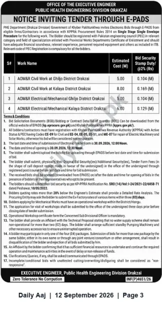 Newspaper clipping: PHED Orakzai Tenders: AOM&R Civil & Electrical/Mechanical Works at Ghiljo and Kalaya, Daily Aaj, 12 Sep 2026