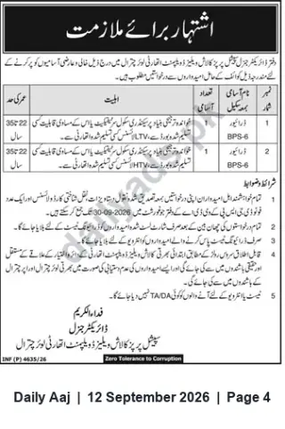 Newspaper clipping: School Staff Vacancies — Two BPS-6 Posts, Daily Aaj, 12 Sep 2026