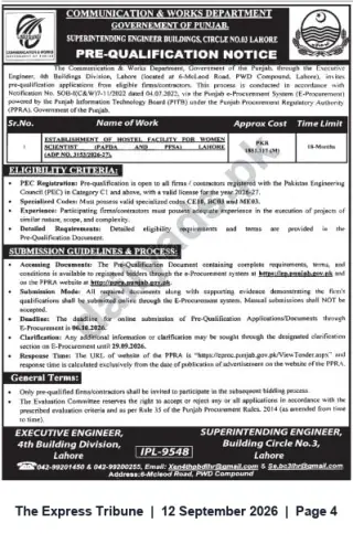 Newspaper clipping: Pre-Qualification Notice — Establishment of Women’s Hostel Facility, Lahore, The Express Tribune, 12 Sep 2026