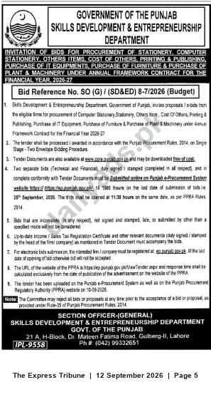 Newspaper clipping: Punjab SD&ED Tender: Annual Framework Procurement for Stationery, IT, Furniture & Plant — Bid Ref SO(G)/(SD&ED)8-7/2026, The Express Tribune, 12 Sep 2026