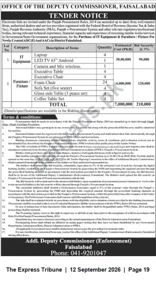 Newspaper clipping: Tender: Supply of IT Equipment and Furniture — Deputy Commissioner Faisalabad, The Express Tribune, 12 Sep 2026
