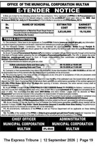 Newspaper clipping: E‑Tender: Rehabilitation of Metalled Road (Suyal Hotel to Husnain Chowk) — Municipal Corporation Multan, The Express Tribune, 12 Sep 2026