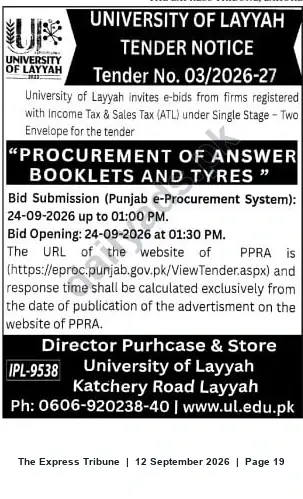 Newspaper clipping: University of Layyah Tender No. 03/2026-27 — Procurement of Answer Booklets and Tyres, The Express Tribune, 12 Sep 2026