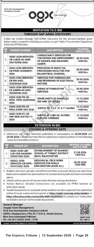 Newspaper clipping: OGDCL Invitation to E‑Bid via SAP Ariba Discovery – Multiple Service & Supply Tenders, The Express Tribune, 12 Sep 2026