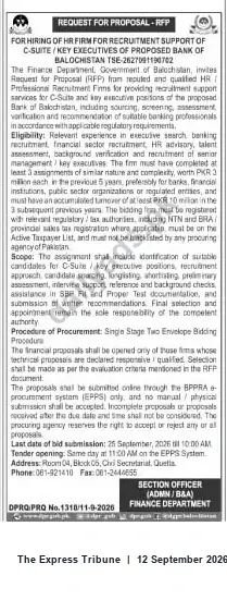 Newspaper clipping: RFP: Hiring HR Firm for C‑Suite Recruitment — Proposed Bank of Balochistan, The Express Tribune, 12 Sep 2026