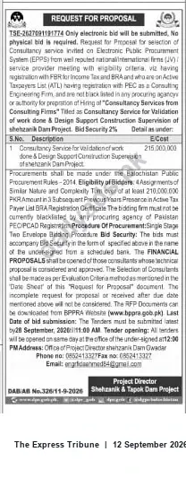 Newspaper clipping: RFP: Consultancy for Validation, Design Support & Construction Supervision of Shehzanik Dam Project, The Express Tribune, 12 Sep 2026