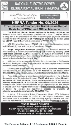Newspaper clipping: NEPRA Tender No. 09/2026 — Rental Photocopier Machines for Head Office, Islamabad, The Express Tribune, 12 Sep 2026