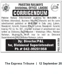 Newspaper clipping: Pakistan Railways Lahore Divisional Office Corrigendum — Correction to Published Advertisement (08–09 Sept 2026), The Express Tribune, 12 Sep 2026