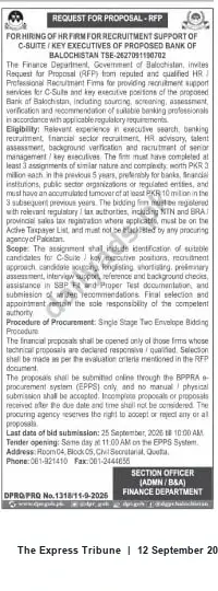 Newspaper clipping: RFP: HR Firm for C‑Suite Recruitment for Proposed Bank of Balochistan (Finance Department), The Express Tribune, 12 Sep 2026