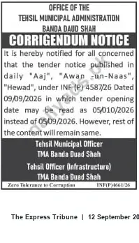 Newspaper clipping: Corrigendum: Tender Notice INF(P)4587/26 — TMA Banda Daud Shah, The Express Tribune, 12 Sep 2026