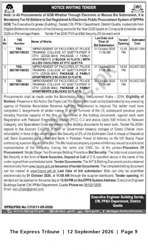 Newspaper clipping: Tender: Improvement Works at Police Training College, Quetta (Packages 1–3) — ePPS, The Express Tribune, 12 Sep 2026