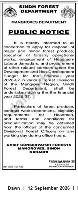 Newspaper clipping: Sindh Mangroves Department: Applications for Disposal, Forestry Works & Engagements — FY 2026-27, Dawn, 12 Sep 2026