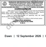 Newspaper clipping: Corrigendum — Director General, Parks & Horticulture, Dawn, 12 Sep 2026