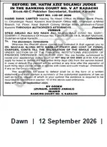 Newspaper clipping: Notice from Banking Court No. V at Karachi Regarding Syed Amjad Ali, Dawn, 12 Sep 2026