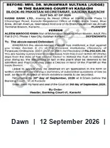 Newspaper clipping: Banking Court Karachi Notice — Before Mrs. De. Muimawwar Sultana (Judge), Dawn, 12 Sep 2026
