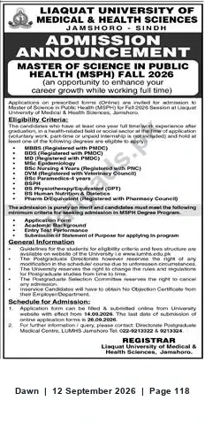 Newspaper clipping: LUMHS Jamshoro — MS in Public Health (MSPH) Admissions Fall 2026, Dawn, 12 Sep 2026