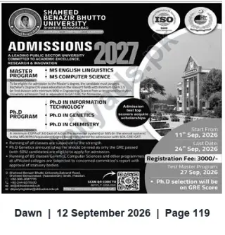 Newspaper clipping: Shaheed Benazir Bhutto University Admissions 2027 — MS & PhD Programs, Dawn, 12 Sep 2026