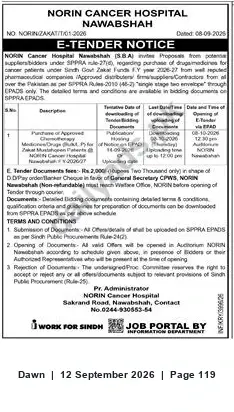 Newspaper clipping: E-Tender: Supply of Medicines for NORIN Cancer Hospital Nawabshah (Sindh Govt Zakat Funds), Dawn, 12 Sep 2026
