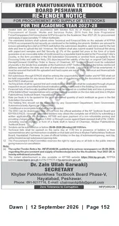 Newspaper clipping: Re-Tender: Procurement & Supply of Textbooks for Academic Year 2027-28 — Khyber Pakhtunkhwa Textbook Board (Peshawar), Dawn, 12 Sep 2026