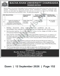 Newspaper clipping: Bacha Khan University, Charsadda — Tender Notice, Dawn, 12 Sep 2026