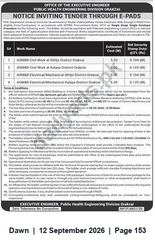 Newspaper clipping: PHE Division Orakzai — e-Procurement Tenders for Civil & Electrical/Mechanical Works in Ghiljo and Kalaya, Dawn, 12 Sep 2026