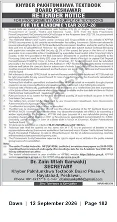 Newspaper clipping: Re-Tender: Procurement & Supply of Textbooks for Academic Year 2027-28 — Khyber Pakhtunkhwa Textbook Board, Peshawar, Dawn, 12 Sep 2026