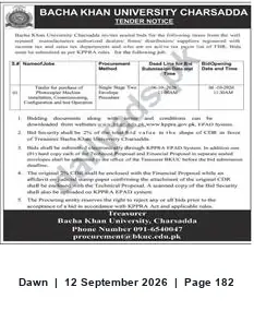 Newspaper clipping: Bacha Khan University, Charsadda — Tender Notice, Dawn, 12 Sep 2026