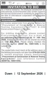 Newspaper clipping: GIZ Invitation to Bid — Procurement of Construction & Material Testing Equipment (BANF No. 10051449), Dawn, 12 Sep 2026