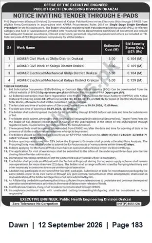Newspaper clipping: PHE Division Orakzai Invites E-Bids for Civil & Electromechanical Works in District Orakzai, Dawn, 12 Sep 2026