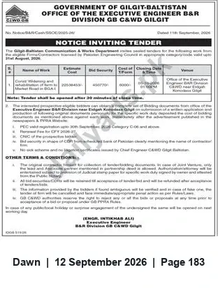 Newspaper clipping: Tender Notice: Market Road in DO.4-1 — Executive Engineer B&R Division, Gilgit, Dawn, 12 Sep 2026