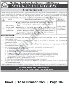Newspaper clipping: MTI Bannu Walk-in Interview (Corrigendum) — Human Resource Department, Dawn, 12 Sep 2026