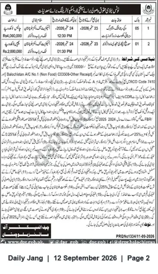 Newspaper clipping: Government of Balochistan Tender Notice – Two Procurement Packages (Sept 2026), Jang, 12 Sep 2026