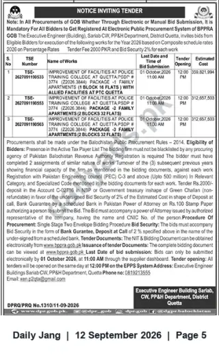 Newspaper clipping: Notice Inviting Tender — Improvement of Training College Family Apartments, Quetta (3 Packages), Jang, 12 Sep 2026