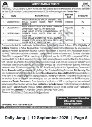 Newspaper clipping: Tender: Provision of Home Solar Systems (PSDP) — Office of DG (North), Energy Department, Balochistan, Jang, 12 Sep 2026
