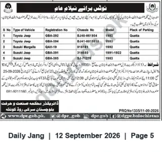 Newspaper clipping: Public Auction Notice — Vehicles Parked in Quetta (Toyota & Suzuki), Jang, 12 Sep 2026