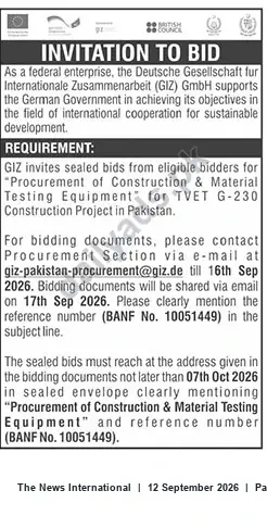 Newspaper clipping: GIZ Invitation to Bid: Procurement of Construction & Material Testing Equipment for TVET G-230 (BANF No. 10051449), The News International, 12 Sep 2026