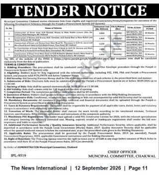 Newspaper clipping: Tender Notice — Road & Drainage Development Works, Municipal Committee Chakwal (Multiple Streets), The News International, 12 Sep 2026
