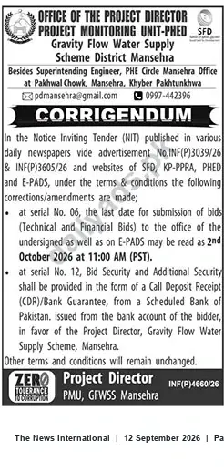 Newspaper clipping: Corrigendum to NIT — Gravity Flow Water Supply Scheme, Mansehra: Revised Submission Deadline & Bid Security, The News International, 12 Sep 2026