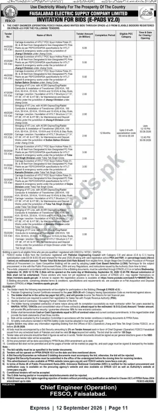 Newspaper clipping: FESCO Faisalabad Invitation for Bids (E‑PADS V2.0) – HT/LT Pole Carriage, Erection & Transformer Works, Express, 12 Sep 2026