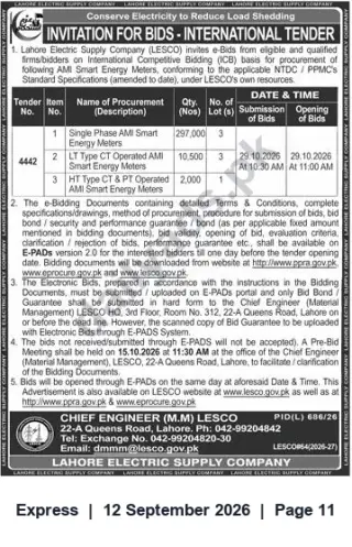 Newspaper clipping: LESCO International Tender: AMI Smart Energy Meters (Single‑Phase, LT CT, HT CT/PT), Express, 12 Sep 2026
