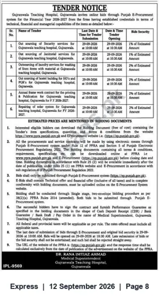 Newspaper clipping: Gujranwala Teaching Hospital Tender Notice — Multiple Services & Works (e-Procurement), Express, 12 Sep 2026