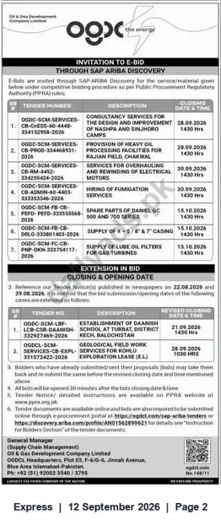 Newspaper clipping: OGDCL Invitation to E-Bid — Multiple Service & Supply Tenders (Closing Dates through 15 Oct 2026), Express, 12 Sep 2026