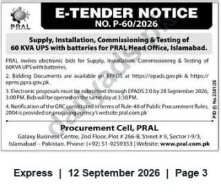 Newspaper clipping: PRAL E-Tender: Supply, Installation & Commissioning of 60 KVA UPS with Batteries — Bid by 2026-09-28, Express, 12 Sep 2026
