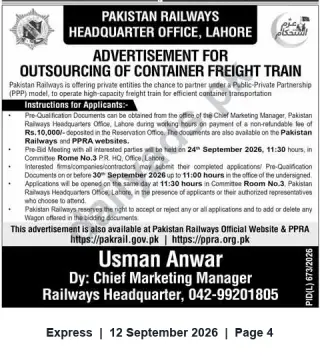 Newspaper clipping: Pakistan Railways Tender: Outsourcing of Container Freight Train (PPP) — Pre-Qualification, Express, 12 Sep 2026