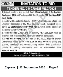 Newspaper clipping: NLC Tender 21/CRANE/NLC/2026 — Purchase of 60 Ton Crane (FOR Sost), Express, 12 Sep 2026
