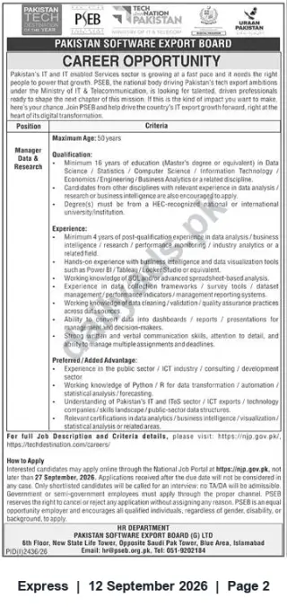 Newspaper clipping: Manager Data & Research — Pakistan Software Export Board (PSEB) Career Opportunity, Express, 12 Sep 2026